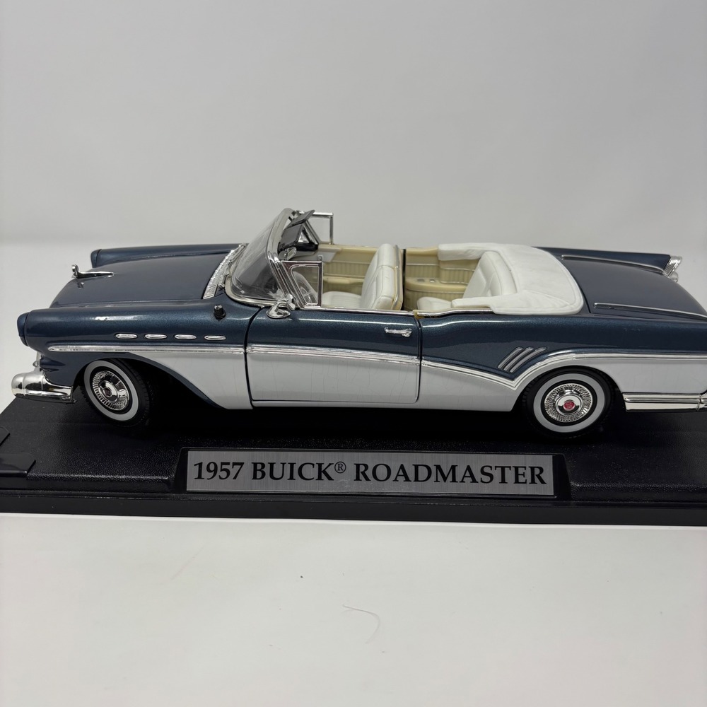 1957 Buick Roadmaster Convertible Diecast Model Car 1:18 Blue White Display Base